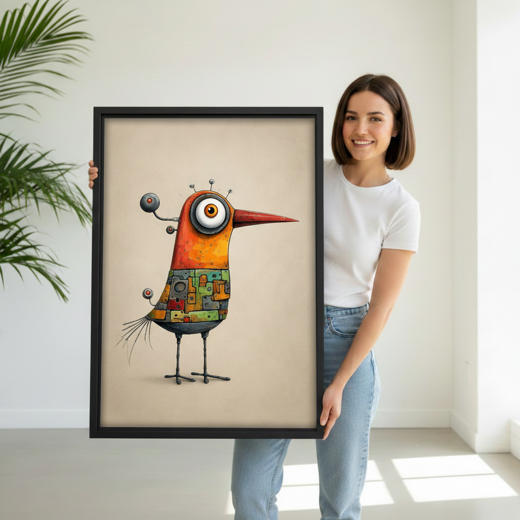 Hand holding whimsical robot bird canvas wall art showing vibrant color and print size detail
