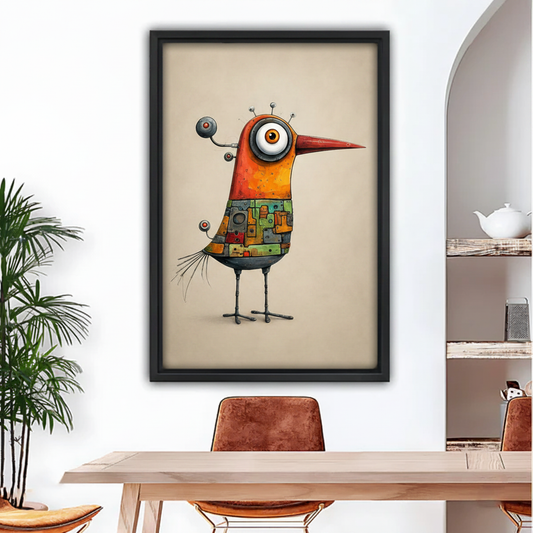 Framed whimsical robot bird canvas wall art with black frame above dining table