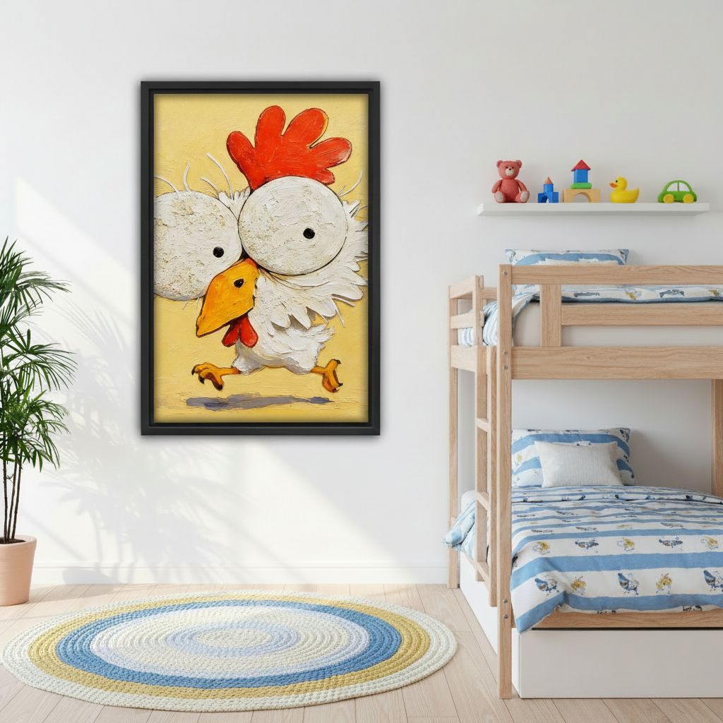 Whimsical rooster framed canvas wall art hanging in colorful kids bedroom with bunk bed