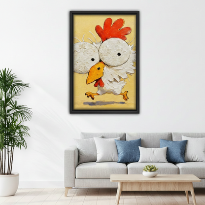 Framed whimsical rooster canvas wall art displayed above sofa in modern living room decor