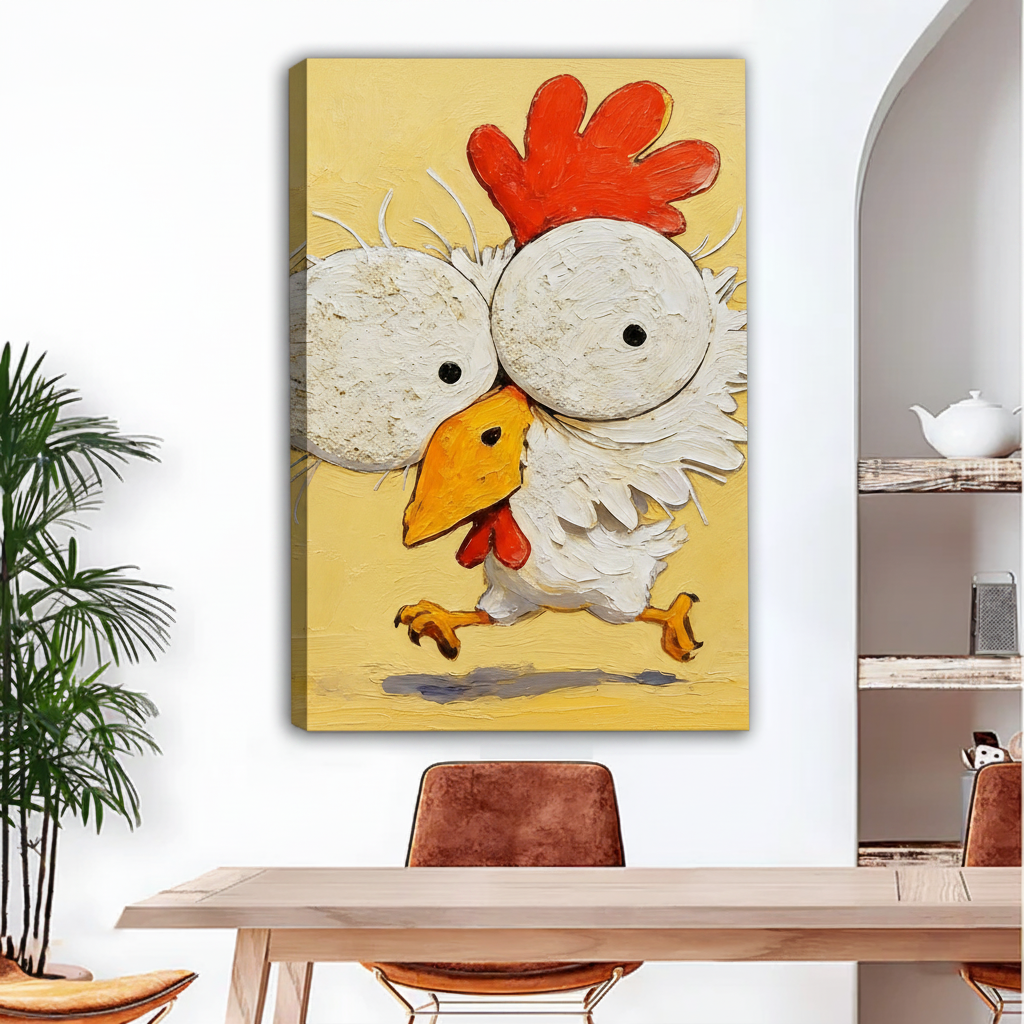Whimsical rooster canvas wall art unframed gallery wrap displayed on dining room wall above wooden table