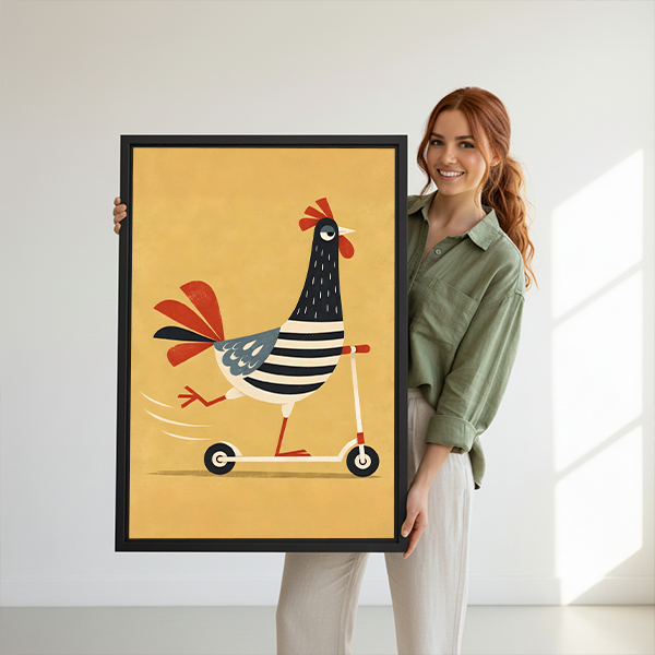 Framed whimsical rooster scooter canvas wall art above a warm-toned bedroom bed