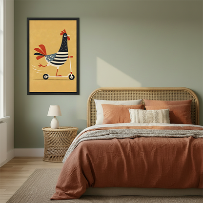 Woman holding framed whimsical rooster scooter canvas wall art in a sunlit room