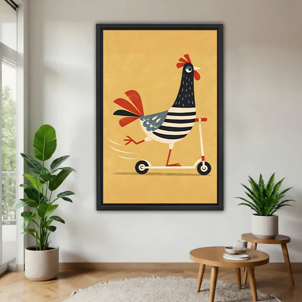 Framed whimsical rooster scooter canvas wall art displayed beside green plants in a modern living room