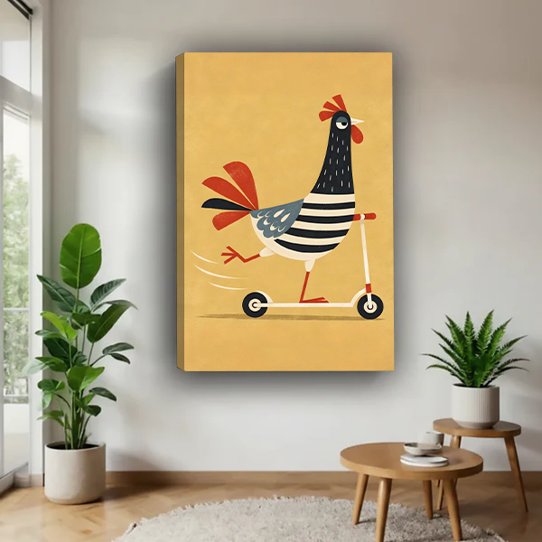 Gallery-wrap whimsical rooster scooter canvas wall art displayed between green plants in a bright living room