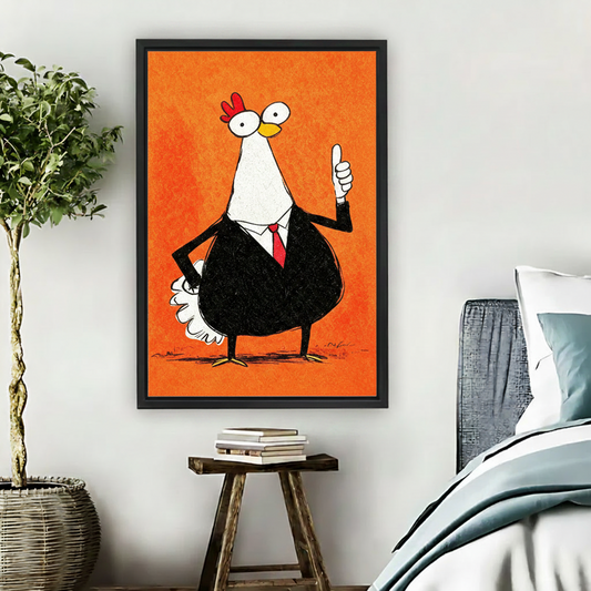 Whimsical rooster thumbs up framed canvas bedroom wall art funny cartoon animal orange print