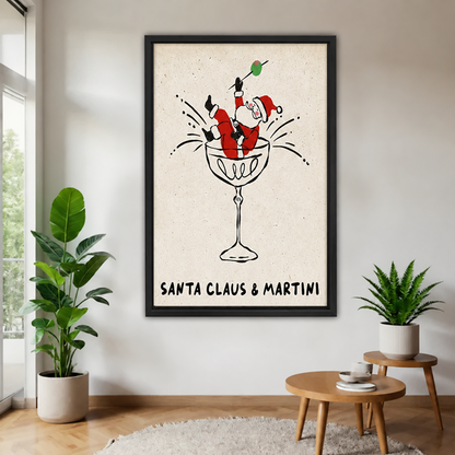 Black-framed whimsical Santa martini canvas wall art with “Santa Claus & Martini” lettering, displayed between plants near a window.