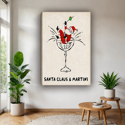 Whimsical Santa martini canvas wall art without an outer frame, displayed between potted plants near wooden tables.