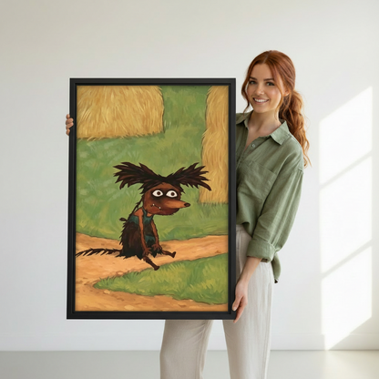 Smiling woman holding large whimsical scruffy dog country road impressionist wall art print with black frame, white studio background