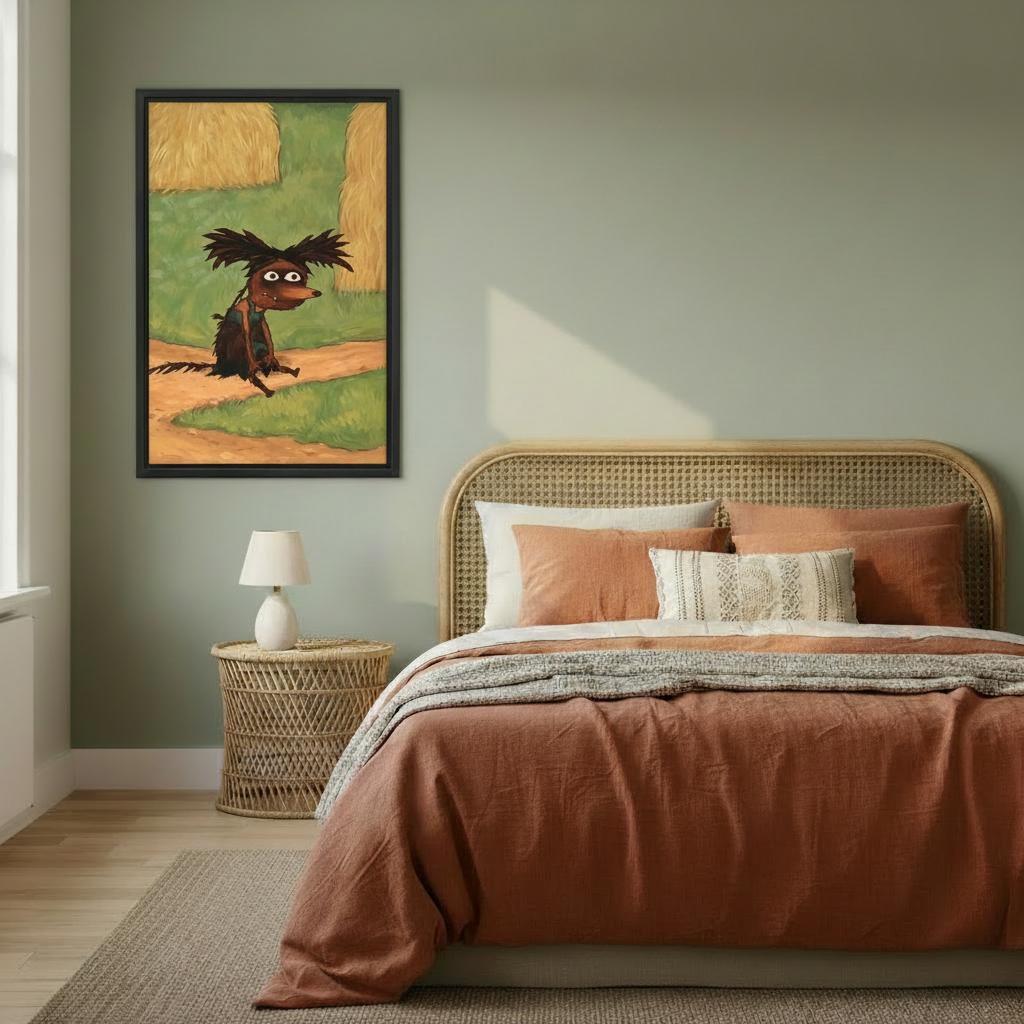 Whimsical scruffy dog country road Van Gogh style wall art in black frame on sage green bedroom wall above rattan bed with terracotta bedding