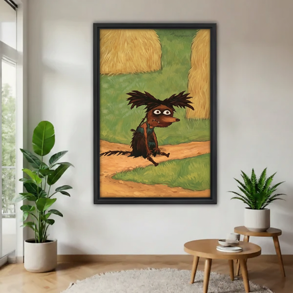 Whimsical scruffy dog country road impressionist wall art in black frame, displayed in minimalist entryway with large fiddle leaf fig and fern plant on round wooden side table