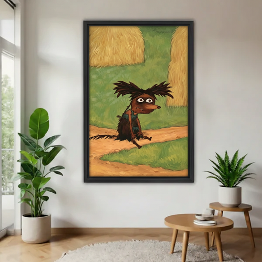 Whimsical scruffy dog country road impressionist wall art in black frame, displayed in minimalist entryway with large fiddle leaf fig and fern plant on round wooden side table