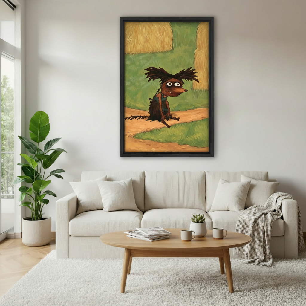 Whimsical scruffy dog country road impressionist art in black frame above cream sofa in bright Scandinavian living room with fiddle leaf fig plant