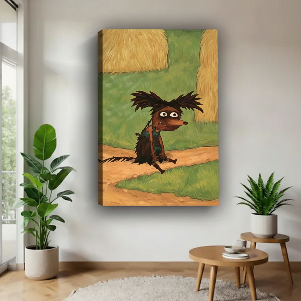 Frameless gallery wrap canvas of whimsical scruffy dog walking on country road with golden haystacks, hanging in bright minimalist entryway with green plants