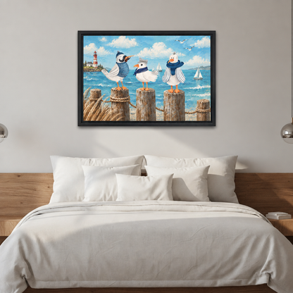  Black framed whimsical seabirds canvas wall art displayed above a bed with white bedding.