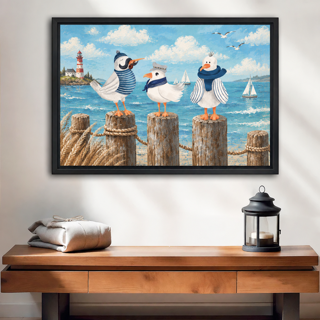 Black framed whimsical seabirds canvas wall art above a wooden console, showing three birds beside a blue sea.