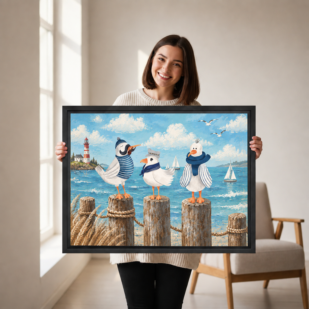 Woman holding black framed whimsical seabirds canvas wall art featuring three birds on wooden posts.
