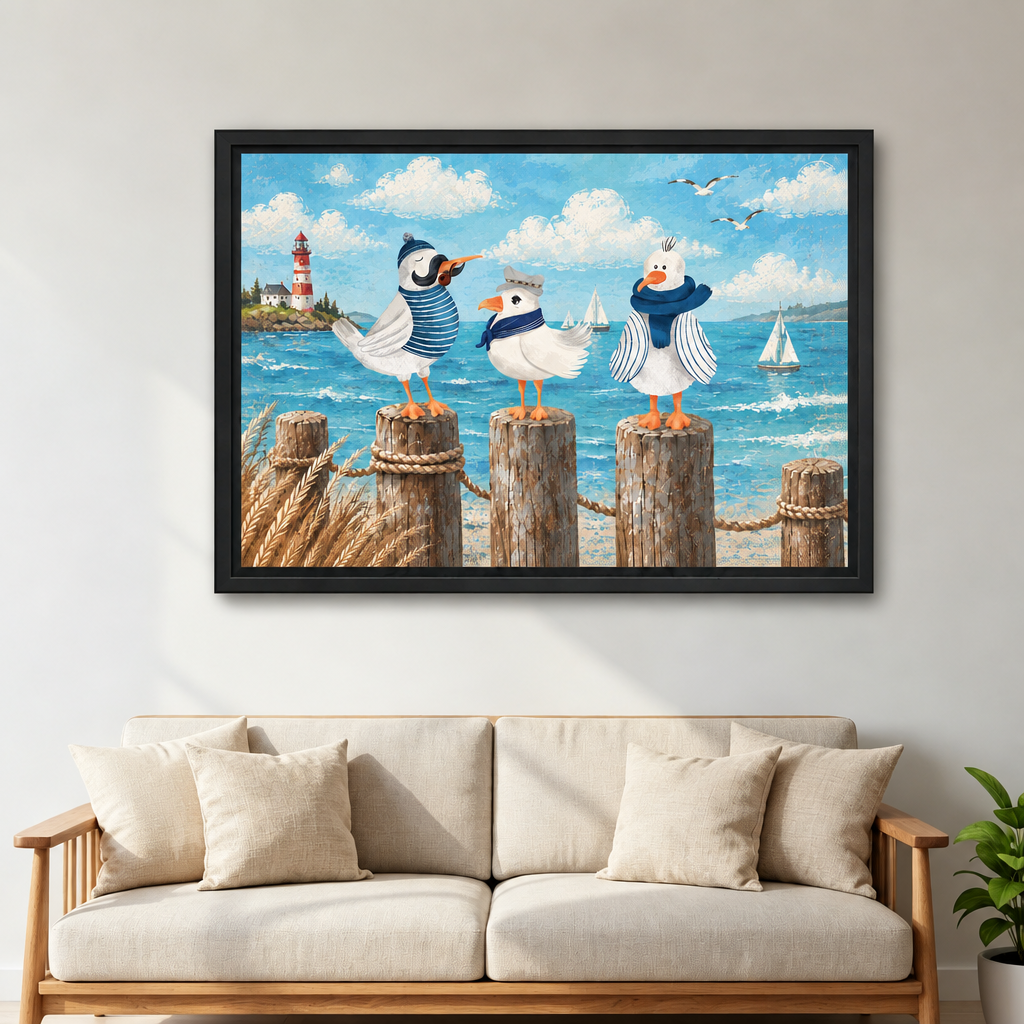 Whimsical seabirds canvas wall art in a black frame above a cream sofa, showing a bright coastal scene.
