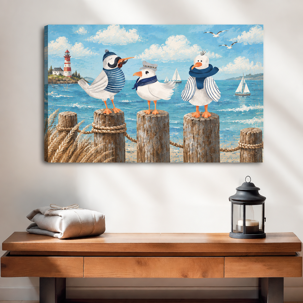 Unframed whimsical seabirds canvas wall art above a wooden console, with a lighthouse and sailboats behind the birds.