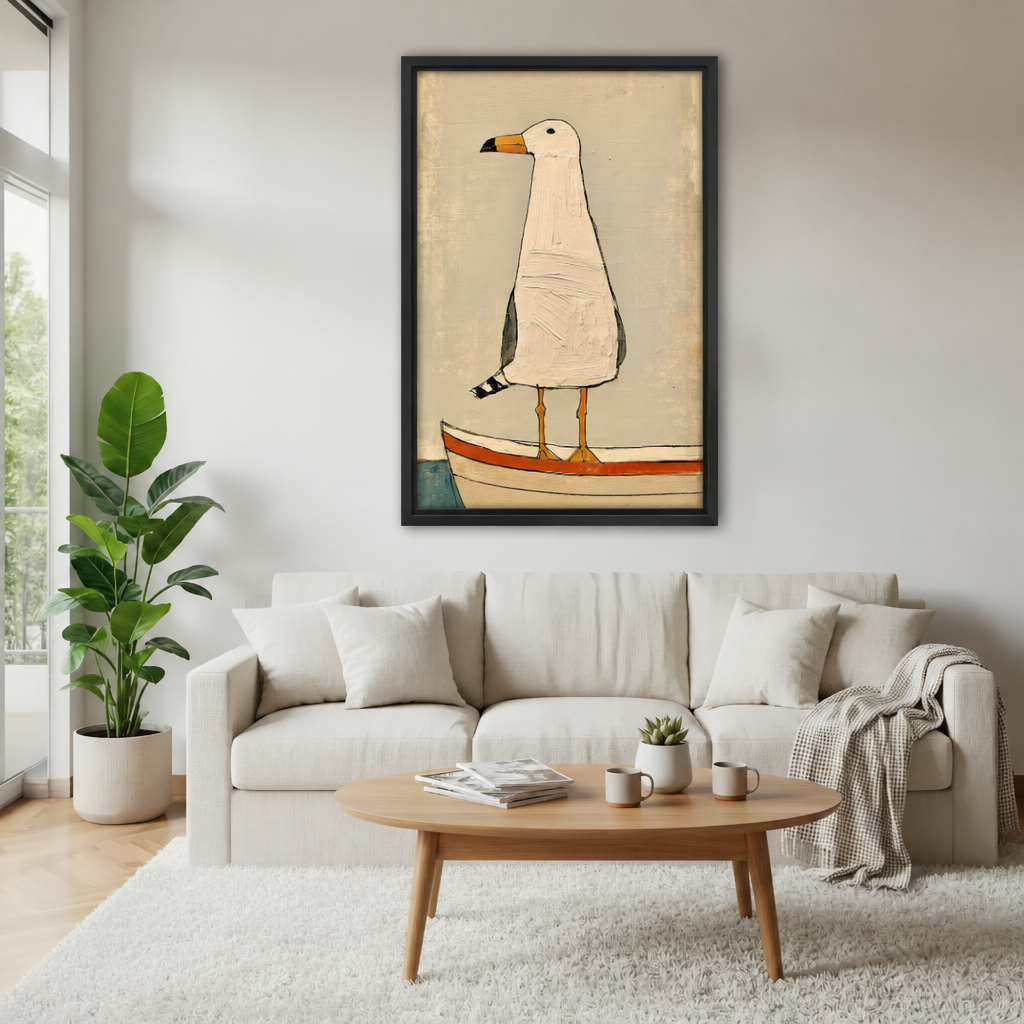 Whimsical seagull boat canvas wall art displayed above a white living room sofa