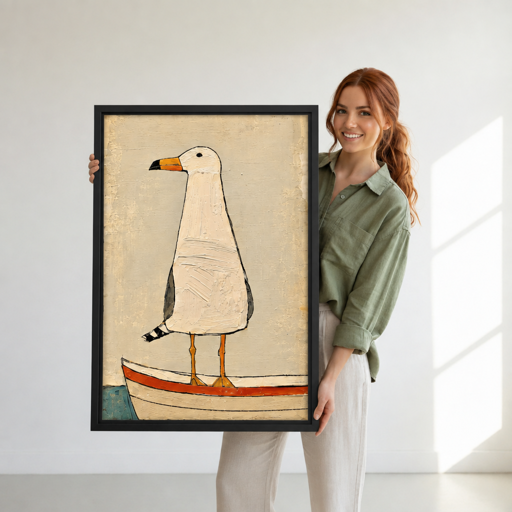 Woman holding large framed whimsical seagull boat canvas wall art with a neutral background