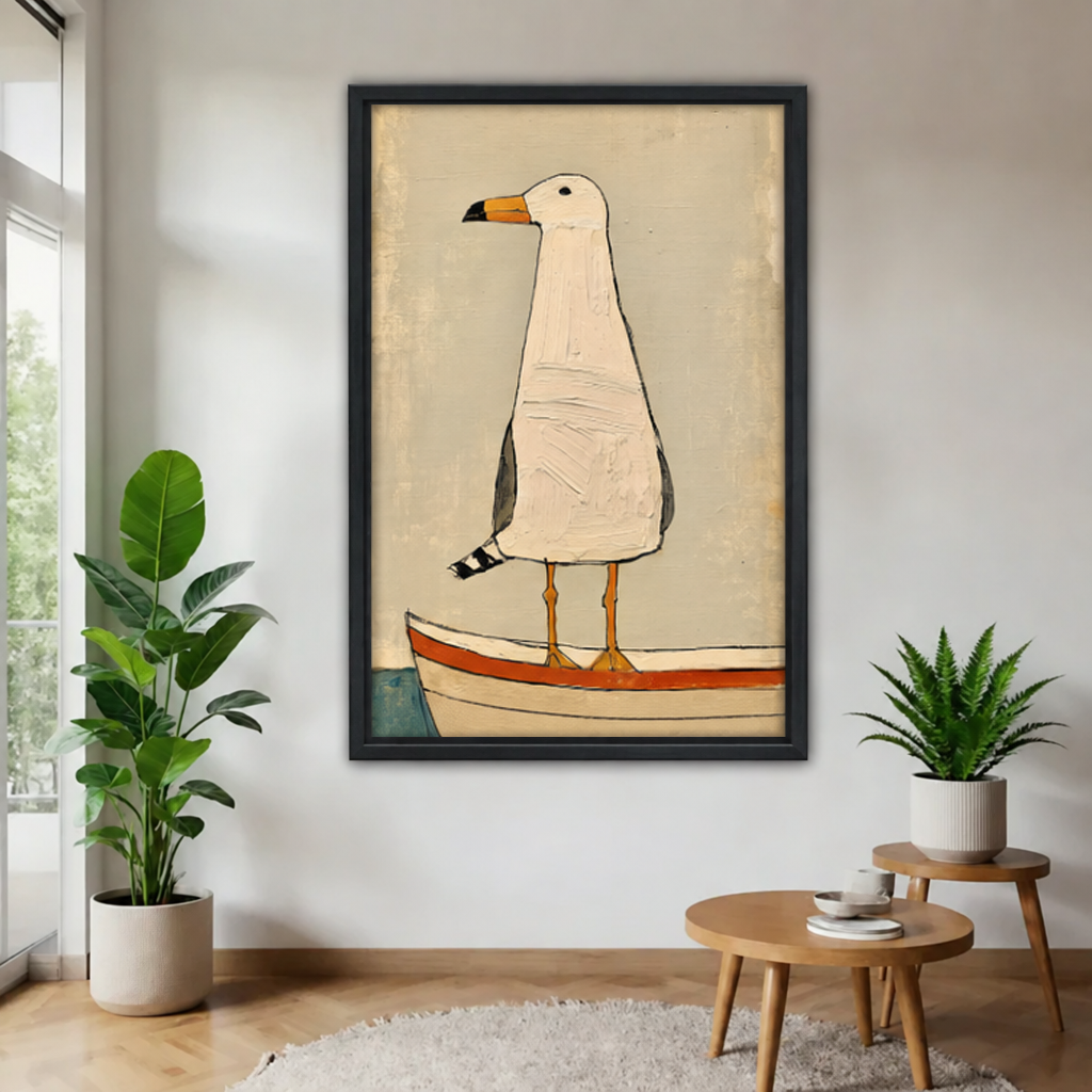 Black framed whimsical seagull boat canvas wall art in a bright plant-filled living room