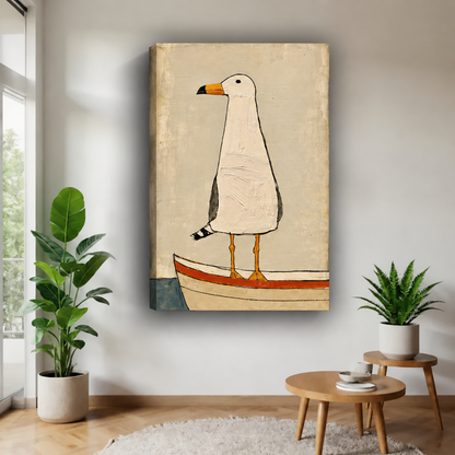 Whimsical seagull boat gallery-wrap canvas wall art displayed in a bright modern living room