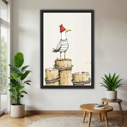 Black-framed whimsical seagull canvas wall art with a red hat and dock posts, displayed between leafy plants.