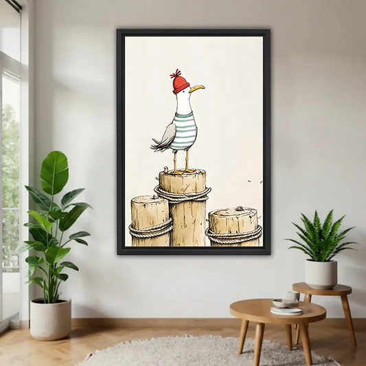Black-framed whimsical seagull canvas wall art with a red hat and dock posts, displayed between leafy plants.