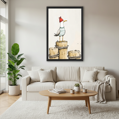 Whimsical seagull canvas wall art in a black frame above a cream sofa in a bright living room.
