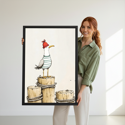 Gallery-wrap whimsical seagull canvas wall art with nautical dock posts displayed above round tables beside potted plants.