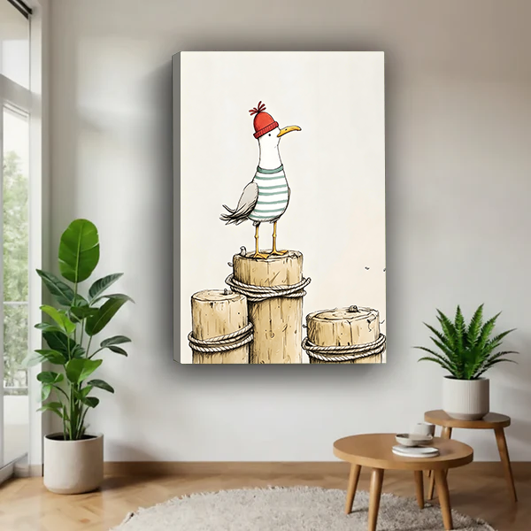 Woman holding framed whimsical seagull canvas wall art featuring a striped shirt, red hat, and wooden dock posts.