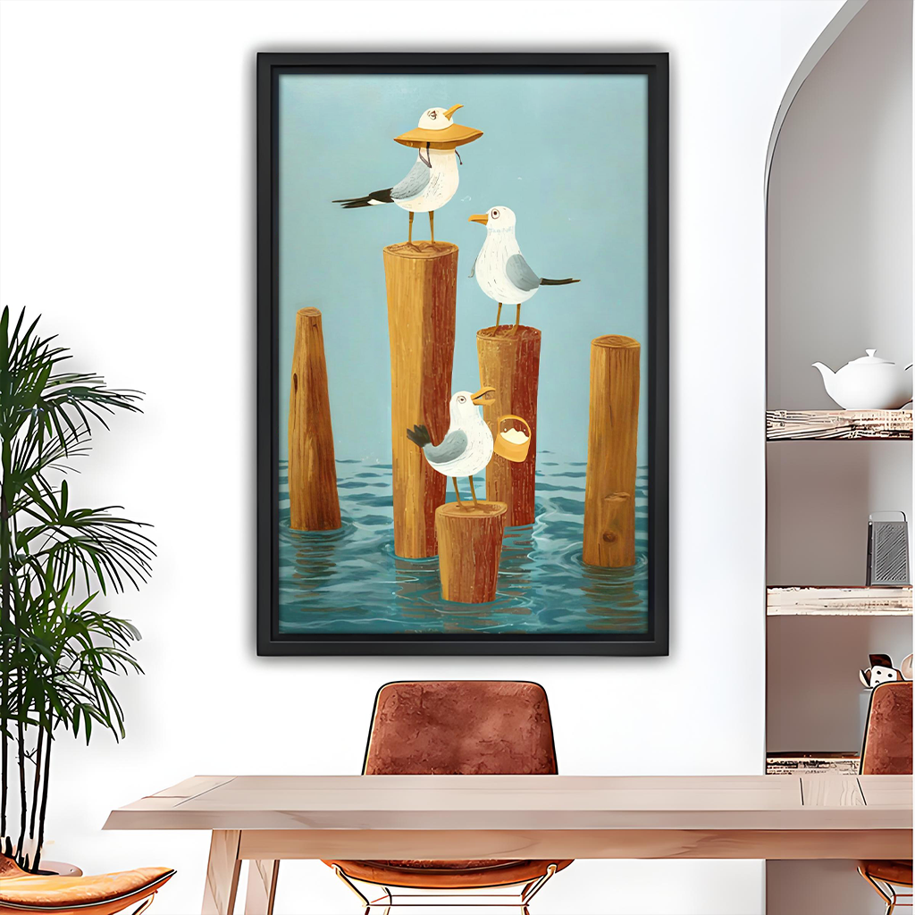 Framed whimsical seagull coastal wall art displayed above a wooden dining table in a modern room
