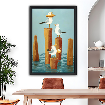 Framed whimsical seagull coastal wall art displayed above a wooden dining table in a modern room