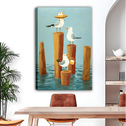Unframed whimsical seagull coastal canvas print hanging on a white wall above a dining area