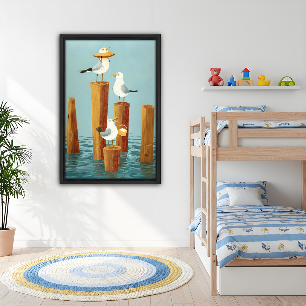 Framed whimsical seagull coastal wall art hanging in a cheerful children's bedroom with bunk beds