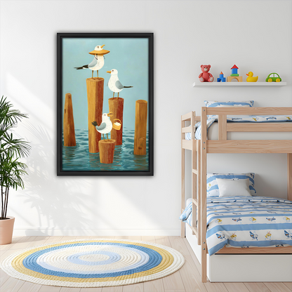 Framed whimsical seagull coastal wall art hanging in a cheerful children's bedroom with bunk beds