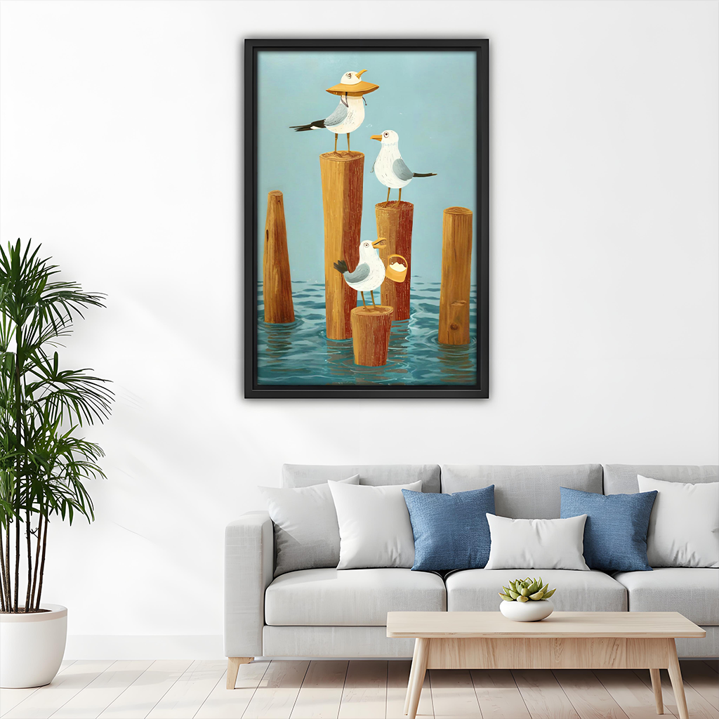 Framed whimsical seagull coastal canvas art above a light gray sofa in a bright coastal living room