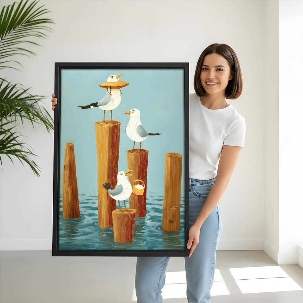 Woman holding framed whimsical seagull coastal art print to demonstrate size in a bright room