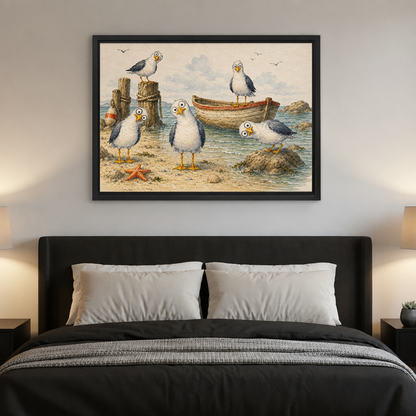 Framed whimsical seagulls beach canvas wall art displayed above a dark bed in a bedroom.