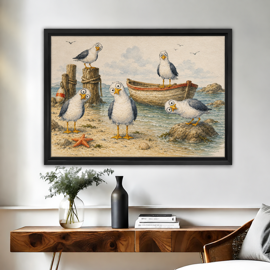 Framed whimsical seagulls beach canvas wall art above a wooden console, showing five birds by a boat.