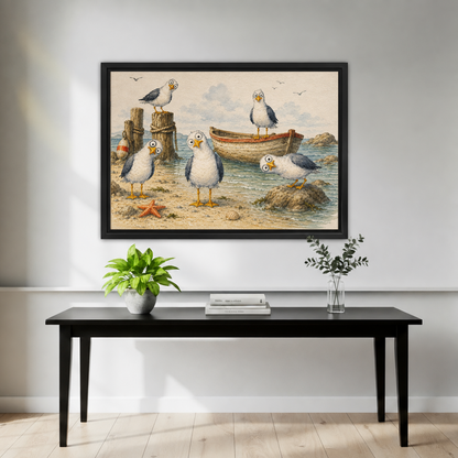  Framed whimsical seagulls beach canvas wall art hanging above a black entryway table.