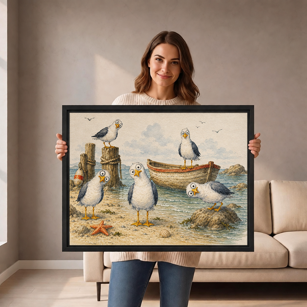 Woman holding framed whimsical seagulls beach canvas wall art featuring a boat, starfish, and five shorebirds.