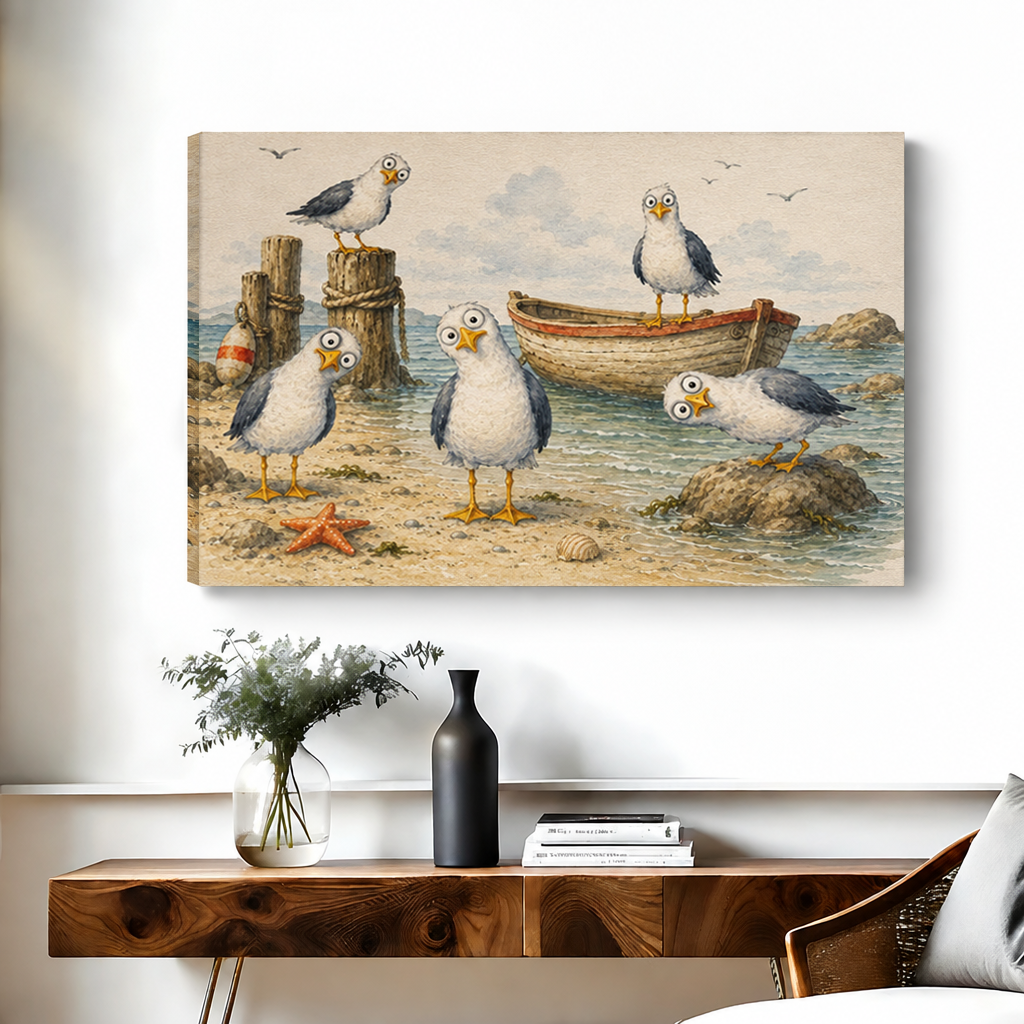  Gallery-wrap whimsical seagulls beach canvas wall art above a console, with the wrapped side edge visible.