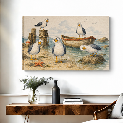  Gallery-wrap whimsical seagulls beach canvas wall art above a console, with the wrapped side edge visible.