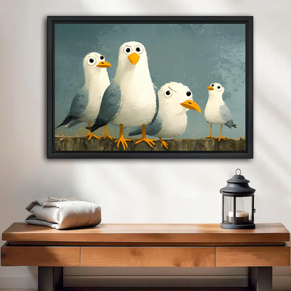 Whimsical seagulls canvas wall art featuring four birds in a black frame above a cream sofa.