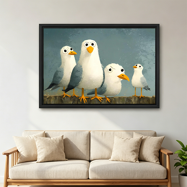 Black-framed seagulls canvas wall art showing four cartoon-style coastal birds above a wooden console beside a lantern.