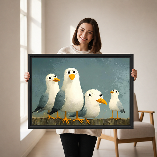 Gallery-wrap whimsical seagulls canvas wall art displayed above a wooden console with a folded blanket and lantern.
