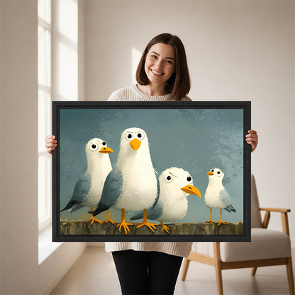 Gallery-wrap whimsical seagulls canvas wall art displayed above a wooden console with a folded blanket and lantern.