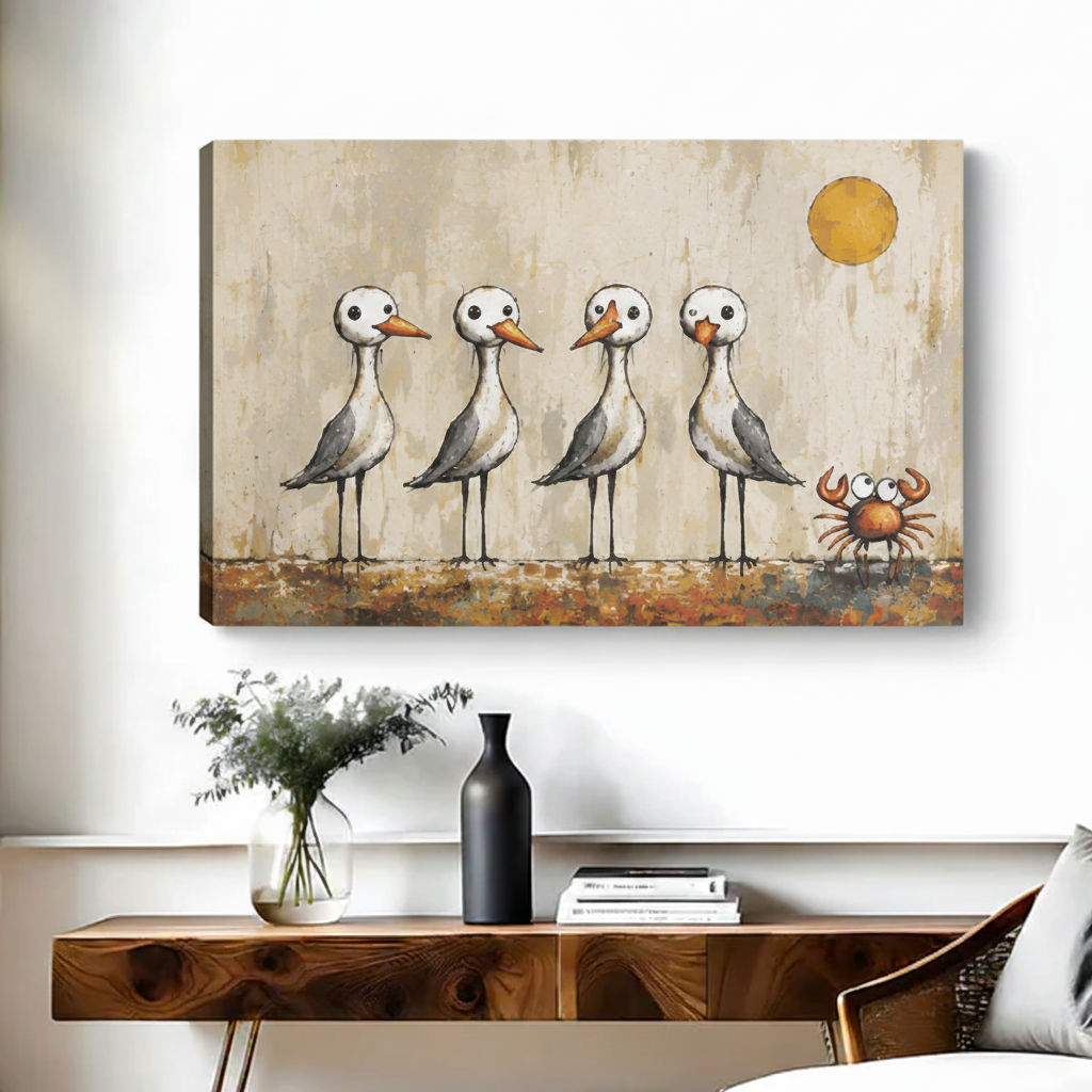 Whimsical seagulls and crab vintage canvas art displayed above wooden console in cozy living room, no frame gallery wrap style